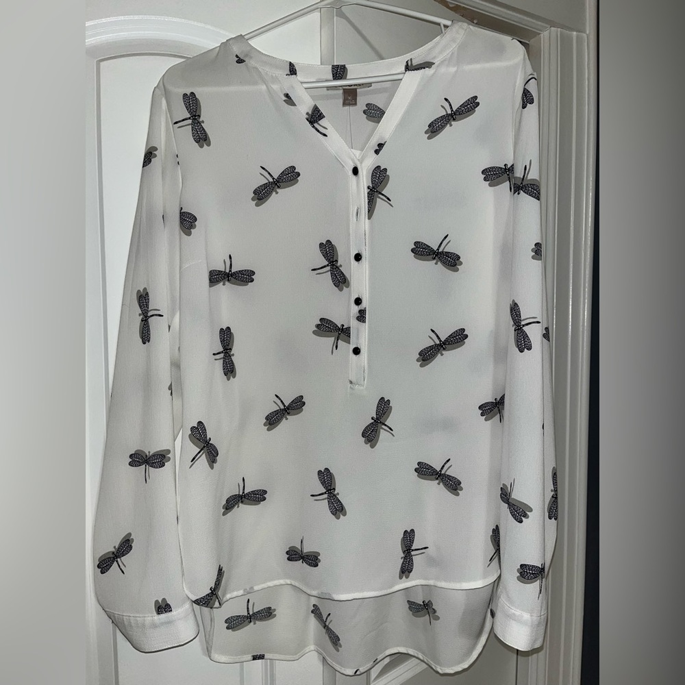 White shirt with dragon fly pattern
